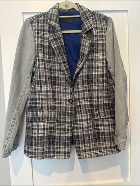 Women's Navy Plaid Blazer with Light Denim Sleeves